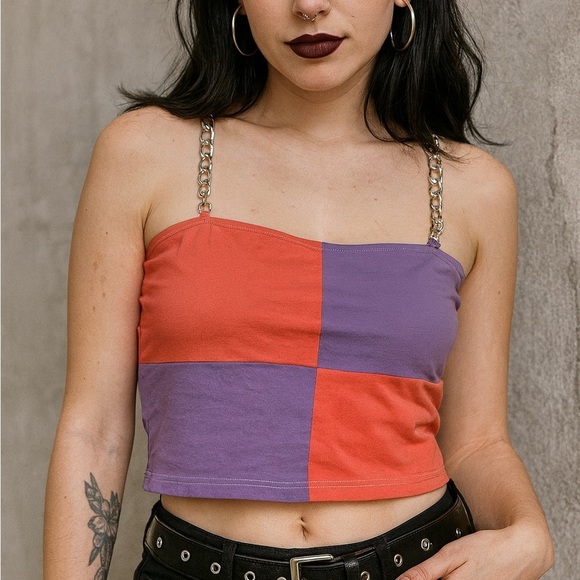 Current Mood Pink Purple Checkered Chain Crop Tank Top XL F - Picture 1 of 7